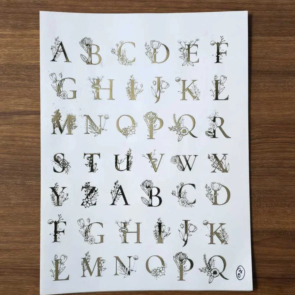 A4 Golden Embossed Alphabet Sheet - Floral Design (A-Z Letters)